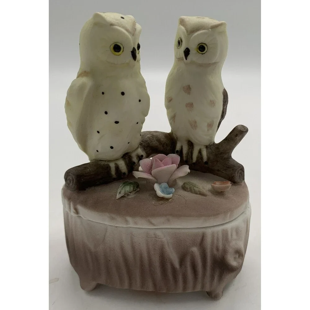LEFTON China Trinket Box Perched Owls Delicate Floral Accent Brown Number 05090